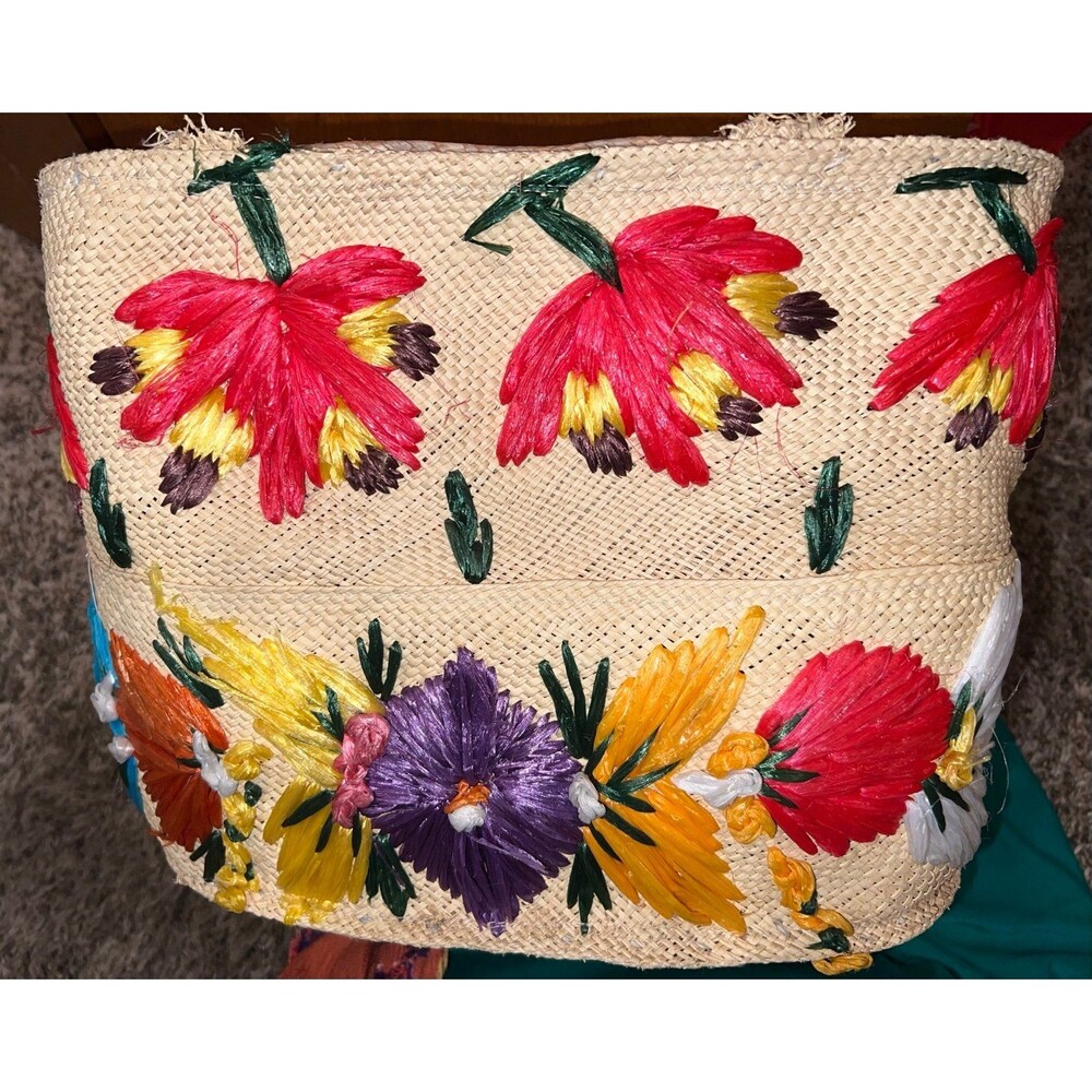 Vintage straw embroidered tote made in Jamaica floral design